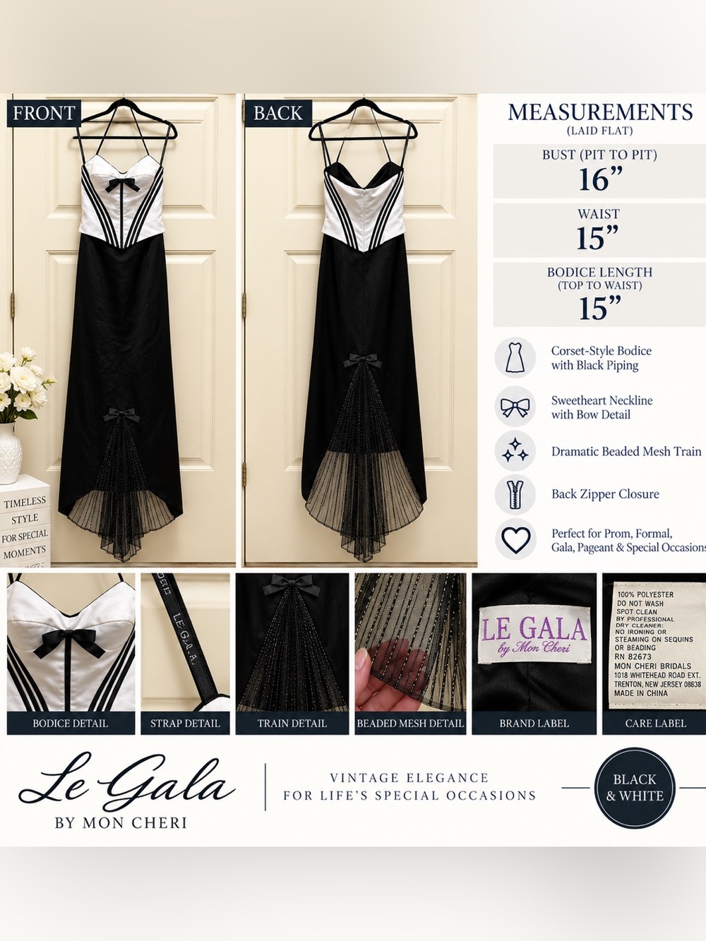 Le Gala by Mon Cheri black & white corset formal gown beaded train